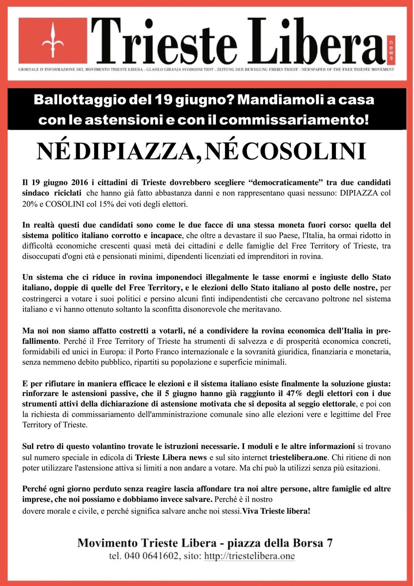 TriesteLibera's tweet photo. #Ballottaggio del #19giugno? Mandiamo a casa #Dipiazza &amp; #Cosolini: https://t.co/iovUxokjE8  #NoElectionDay #Trieste https://t.co/U2W0KJm2mP