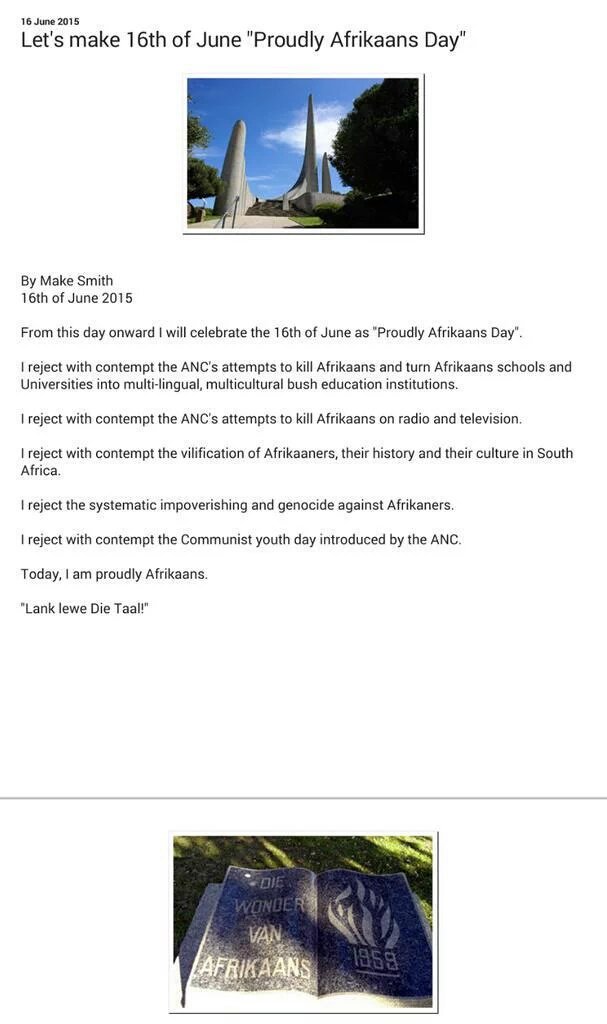 N_ata6ha's tweet photo. Let's make 16th of June "Proudly #Afrikaans Day"
#IAm76 #YouthDay2016 #AfrikaansSalBly
https://t.co/665BW1NAWI https://t.co/TGKUsEXzn8