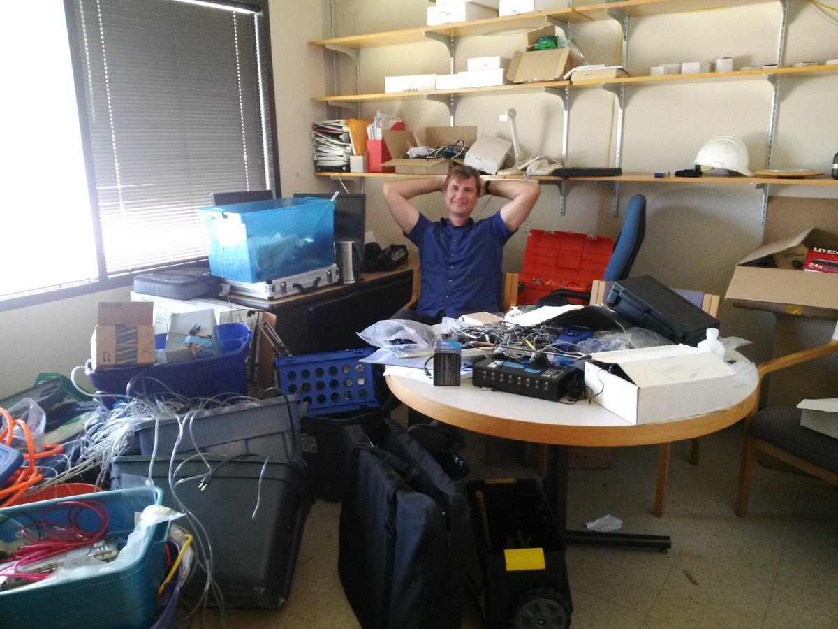 CorsIAQ's tweet photo. @UT_CAEE colleague & #BuildingScientist Atila Novoselac in office, happily surrounded by tools of his trade. #IAQ https://t.co/me84vCmZ77