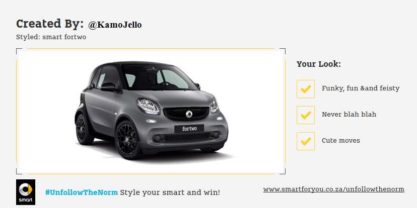 KamoJello's tweet photo. Woohoo! I just entered to win this funky smart car for a year! Enter here: https://t.co/mNNRRGlyBa #UnfollowTheNorm https://t.co/GkduxynUo5