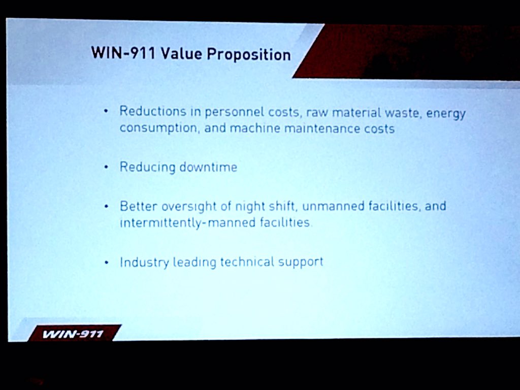 iamthecreative1's tweet photo. #WIN911 Value Prop -- delivers reductions in costs, energy, downtime. Provides better oversight. #IIoT #ROKTechED https://t.co/qTDlePxfe2