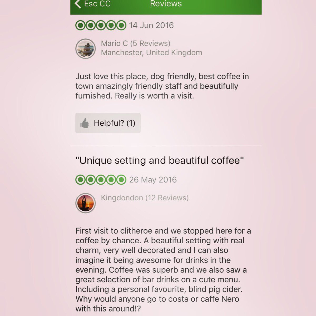 EscapeCC's tweet photo. Don't just take our word for it "best coffee in town" ☕️💕 #bestcoffee #clitheroe #visitlancashire https://t.co/cewTr7JDC5