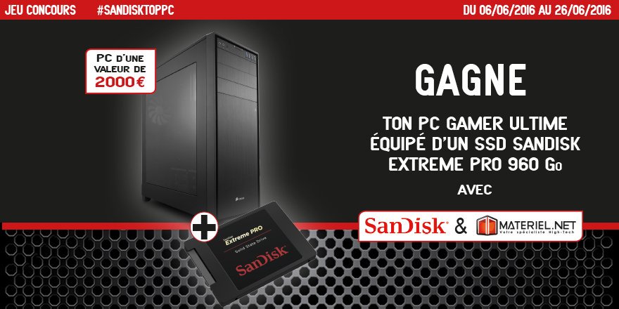 SSDSanDisk's tweet photo. #SanDiskTopPC : Gagnez un PC Gamer Ultime avec #SSD Extreme PRO ici https://t.co/MDanOmPXiT RT + Follow @materielnet https://t.co/QbzSdiYe20