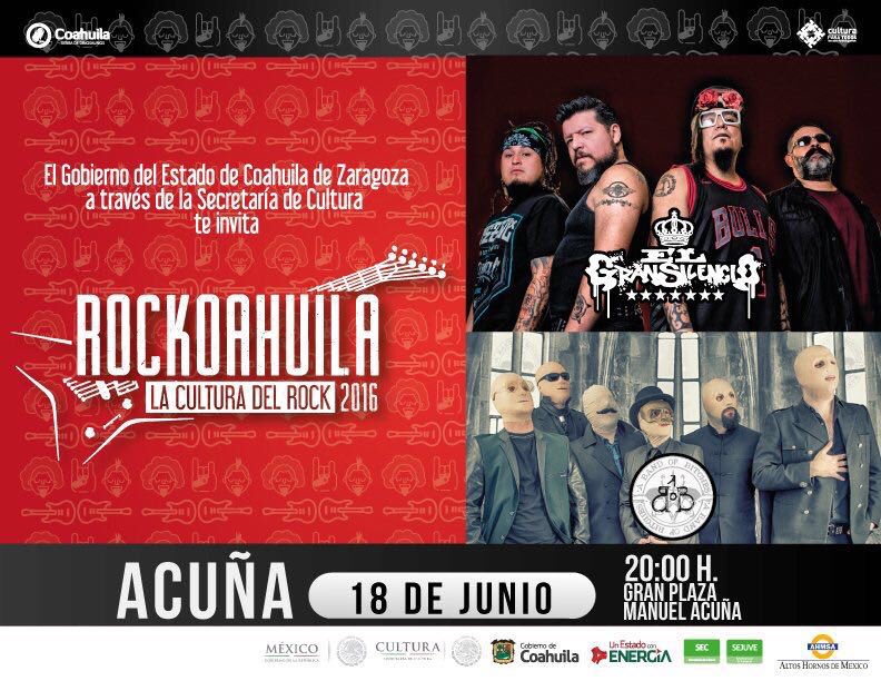 fsaracho10's tweet photo. En #Acuña el @GobDeCoahuila te invita #RockCoahuila2016 El Gran Silencio, 18 de Junio, 20hrs Gran Plaza Manuel Acuña https://t.co/EuoNgHK4Q5