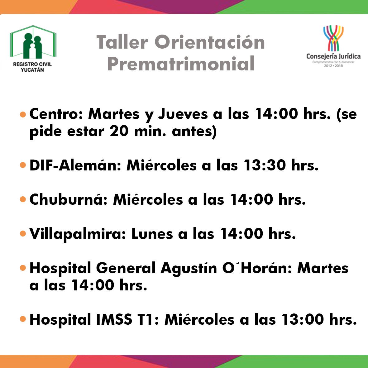 registroyucatan's tweet photo. ¿Estás interesado en asistir al taller d orientación prematrimonial? Conoce los horarios en las Oficialias d Mérida https://t.co/40mlEUoCzh