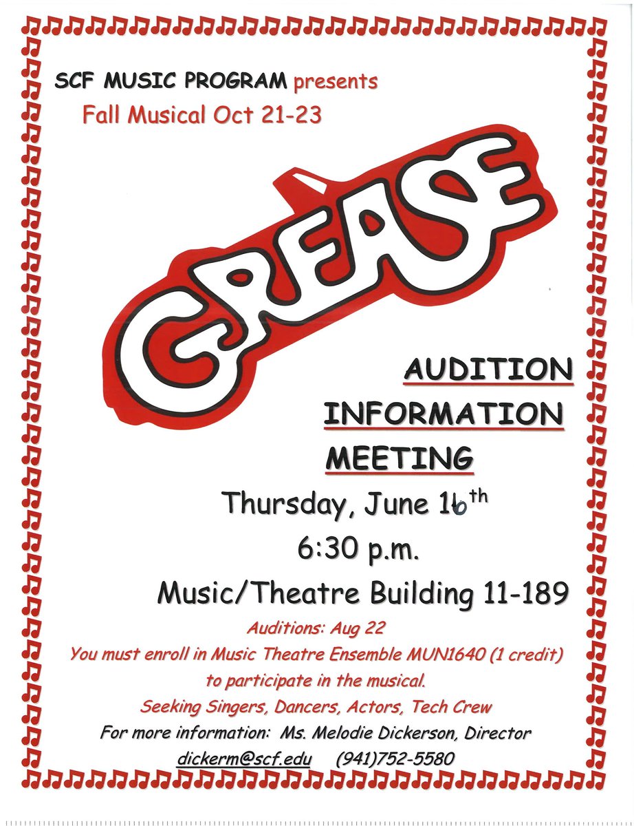 SCF_Music's tweet photo. Please join us at 6:30pm for an audition information meeting for our fall musical, "Grease"! #scfmusic #scfnow https://t.co/XvpE0AXGtR