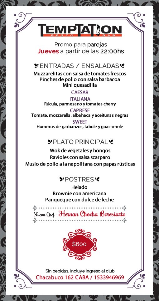 restoTempTaTion's tweet photo. Empezá el finde largo en el mejor lugar @restoTempTaTion!! 
#promoParejas 💋💋
Reservas: https://t.co/wGUIf3OtYY https://t.co/XGdd3ENX89