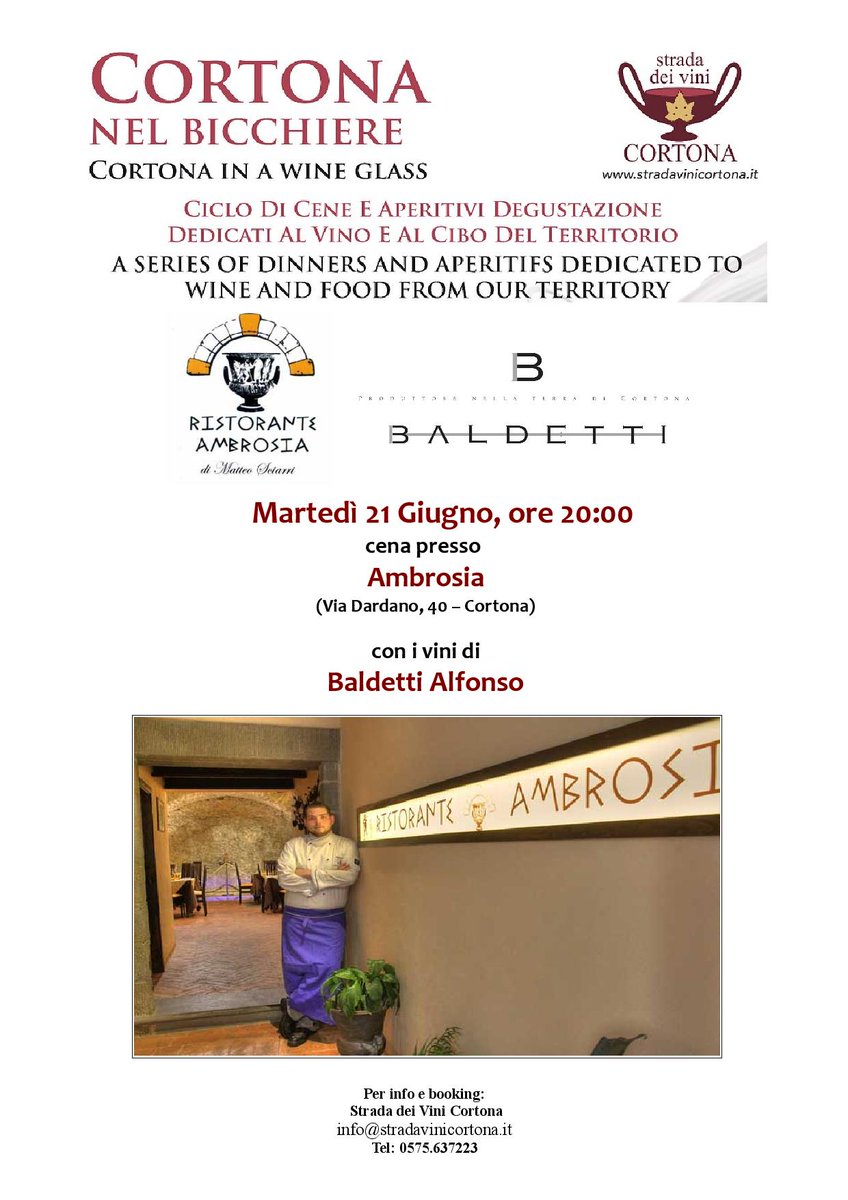 vinicortona's tweet photo. #cortonanelbicchiere vi aspetta a cena da @matteoambrosia con i vini di Baldetti Alfonso!! martedì 21 Giugno, ore 20 https://t.co/TtQBLmaxal