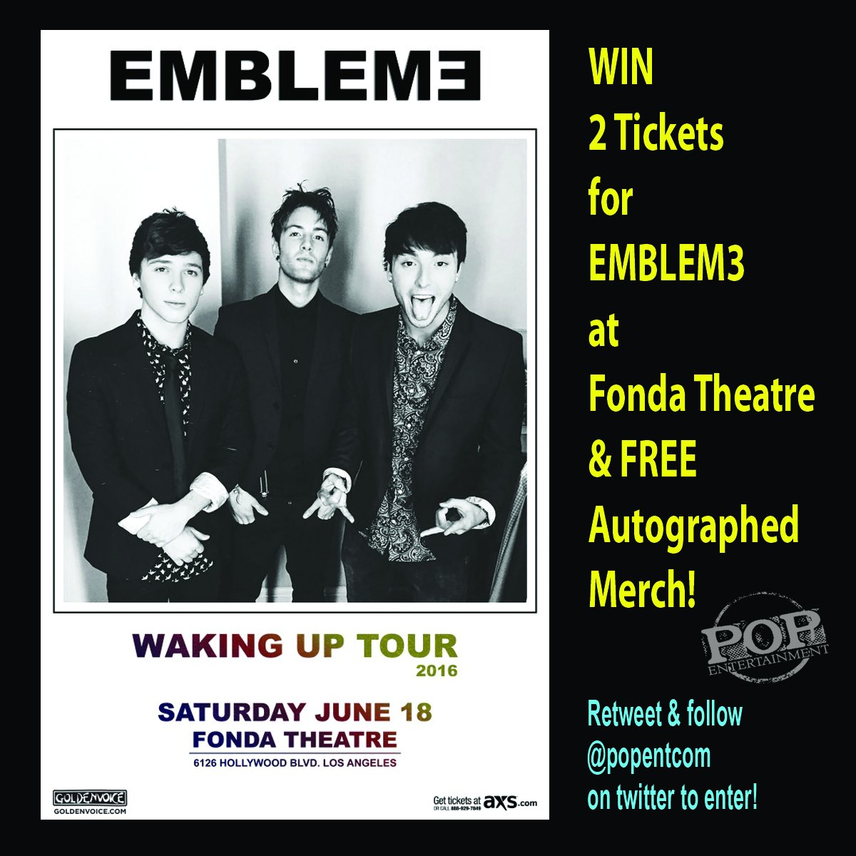 PopEntCom's tweet photo. Win tix &amp; autographed merch for @EmblemThree at @FondaTheatre this Saturday! Retweet &amp; follow us to enter! Good luck https://t.co/humJYOHxpr