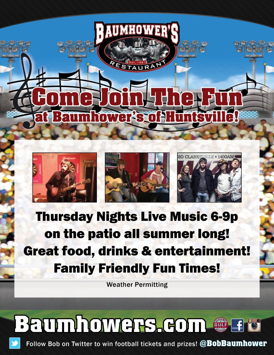 Baumhowers's tweet photo. Looking for something fun tonight? #FunInTheSummertime! Join us on the patio at our Huntsville location tonight! https://t.co/sxLhRuS7Yw