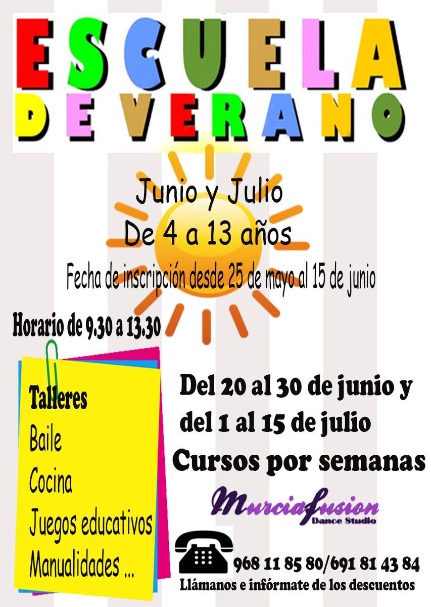 Murciafusion_'s tweet photo. Escuela de verano @Murciafusion_ Llámanos e infórmate!!!! https://t.co/lKZwlipFk3 https://t.co/N1oMTV94Zv