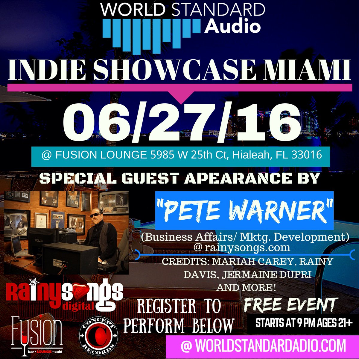 needbeats_miami's tweet photo. WORLD STANDARD AUDIO WELCOMES SPECIAL GUEST JUDGE @Rainysongs ON JUNE.27! REGISTER NOW TO PERFORM! #SHOWCASEMIAMI https://t.co/WtTTzeN9au
