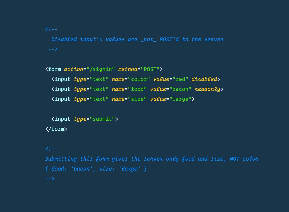 wesbos's tweet image. Good to know: disabled HTML input's values are not sent to the server. Use readonly instead.