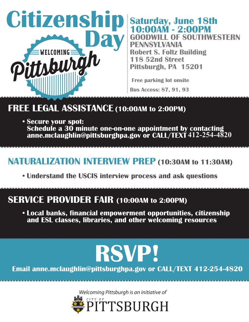 WelcomingPGH's tweet photo. We are still scheduling free 1-on-1 30 min appointments w/ immigration attorneys for this Saturday! #citizenship https://t.co/0dzPGX4Ggt