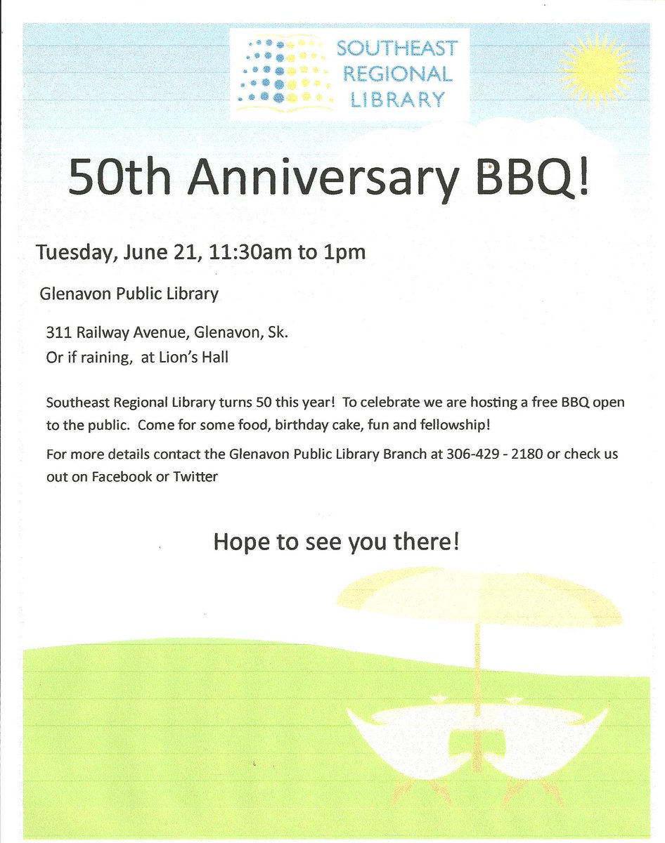 Tuesday June 21st is our Free BBQ, Celebrating Southeast Regional Library's 50th Anniversary! Please join us!
