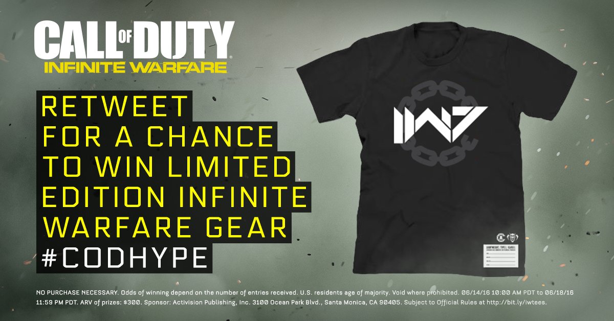 CallofDuty's tweet photo. RT with #CODHYPE for a chance to win exclusive #InfiniteWarfare gear. Rules: https://t.co/XDo365eUCJ https://t.co/gyLTUwSvZB