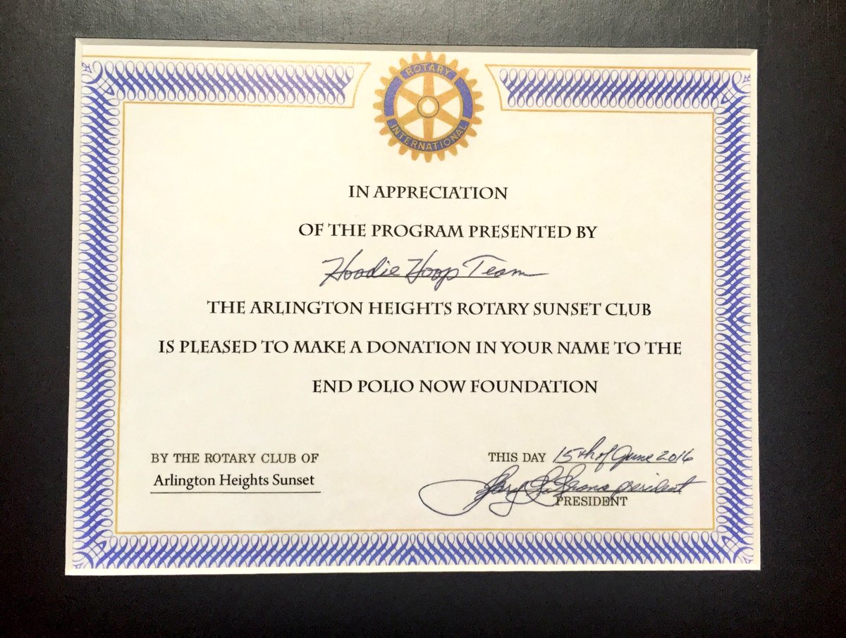 Thank you Arlington Heights Rotary Sunset Club for making a donation in our name to end polio!