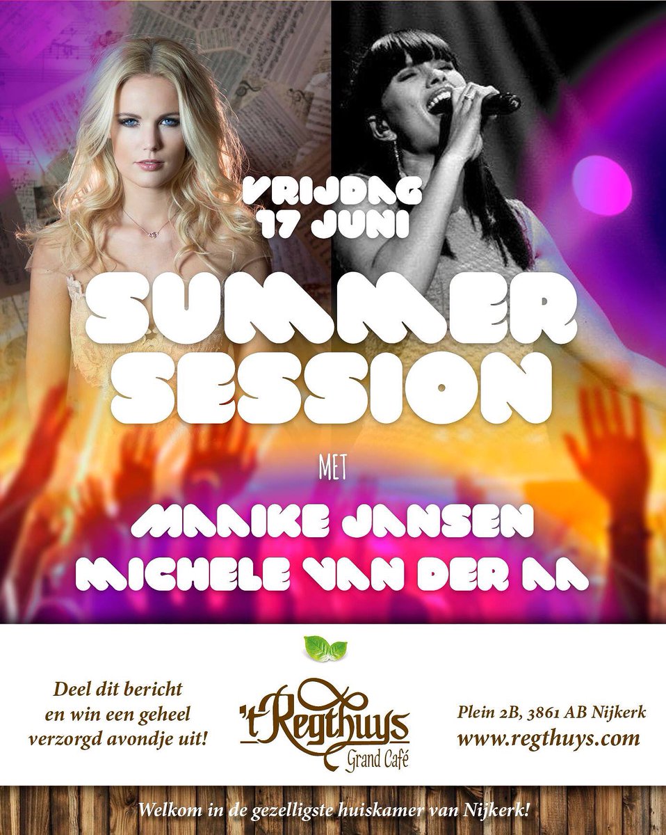 Kom morgen avond naar <a href="/regthuys/">'t Regthuys Nijkerk</a> #nijkerk 21.00 - 01.00 uur entree gratis! #terrasopen