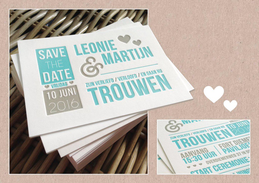 pinkindigo_'s tweet photo. Strak ontwerp #savethedate kaart en #trouwkaart in krachtige kleuren, in #letterpress https://t.co/7iC5kR6GIX