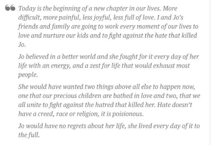 Nataliayalagu's tweet photo. El legado de #JoCox en palabras de su marido.
Todo, absolutamente todo, lo puede el amor, que es lo que nos falta. https://t.co/QPpfIWfdmy