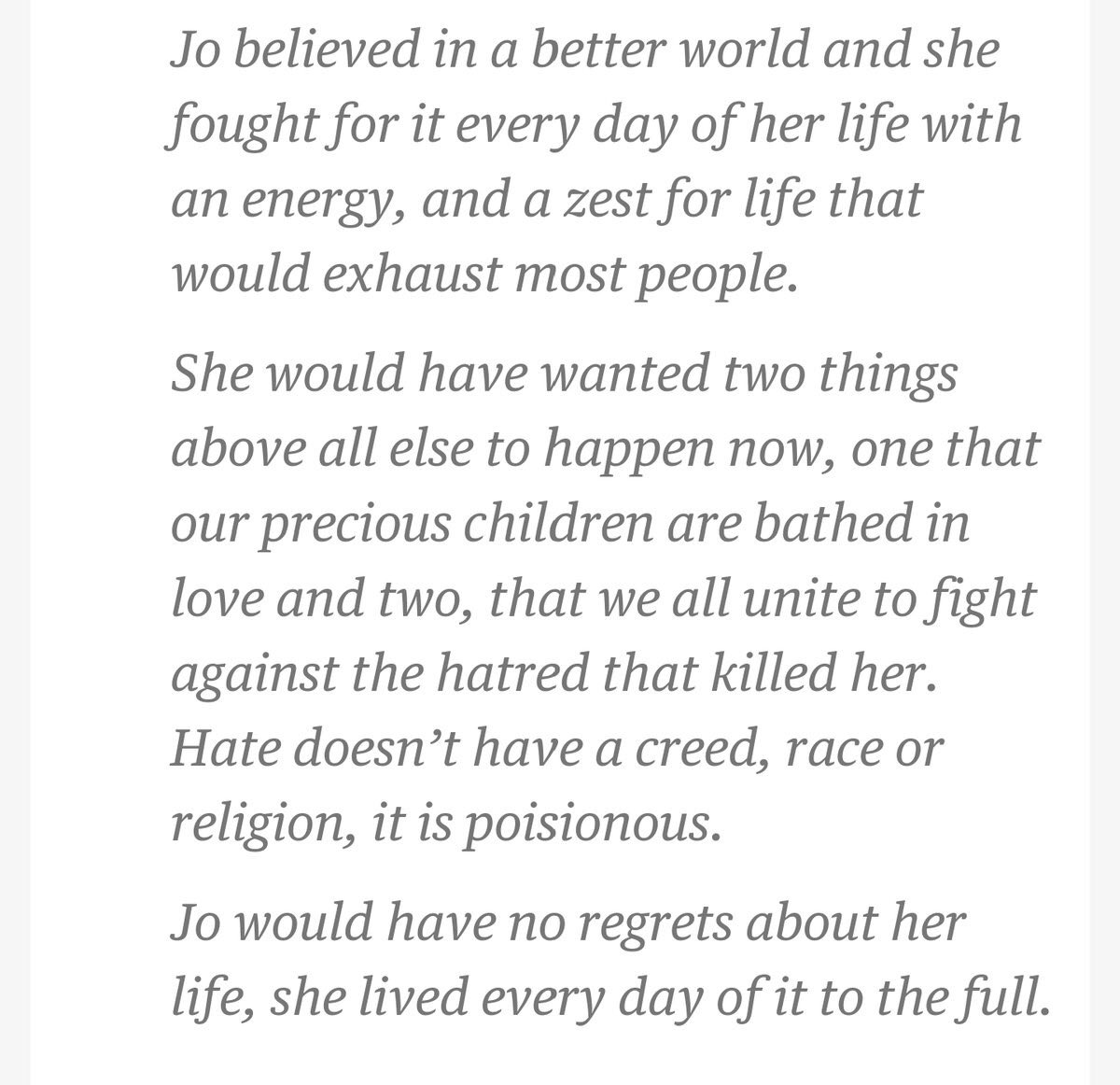 Powerful, inspiring and heartbreaking statement from <a href="/MrBrendanCox/">Brendan Cox</a> husband of #JoCox Please read, and share widely.