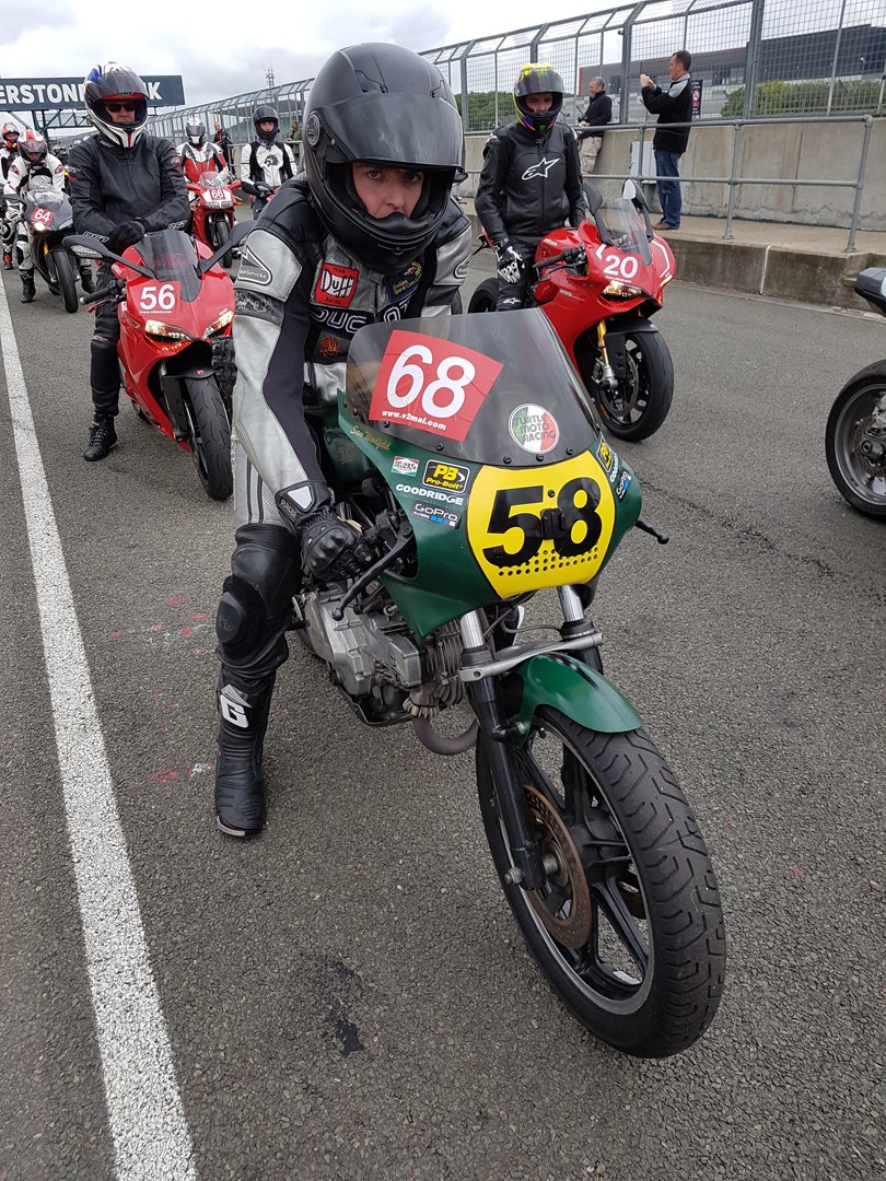 DucatiUK's tweet photo. Glad you could bring the @turtle_moto #DucatiTT2 to Silverstone today @SamWoodfield. Was it faster than the Pantah? https://t.co/HLG5ROavy9