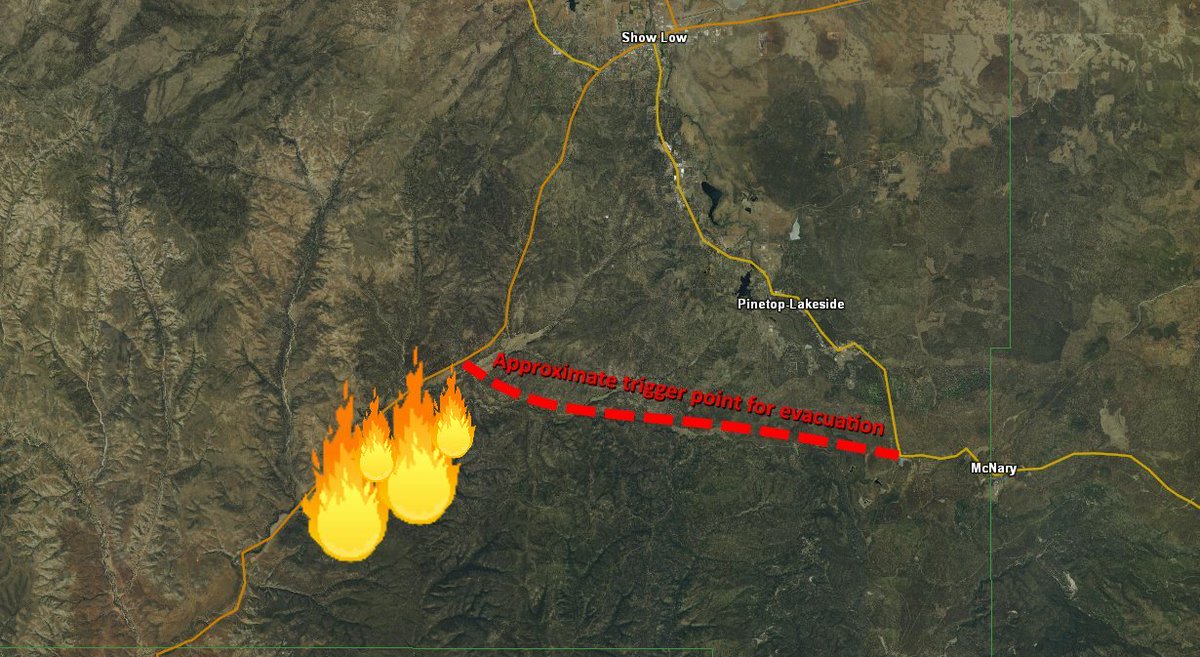 WeatherChitChat's tweet photo. The #CedarCreekFire fire is now burning 1/4 to 1/2 mile from the evacuation trigger point. #12news #azwx #azfire https://t.co/gj0cnEWfL3