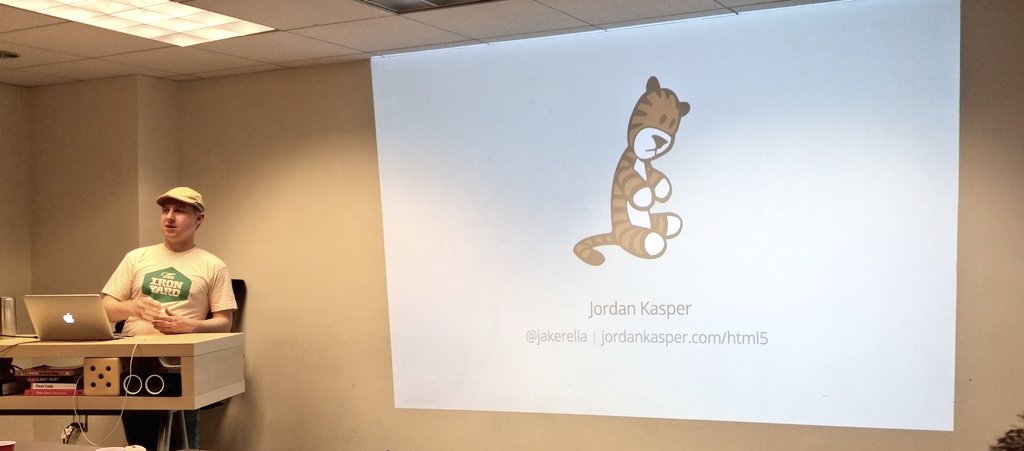 RobbieTheGeek's tweet image. The speaker tonight at #dcjs is @jakerella from @IronYard talking about #HTML5 APIs #DCtech #community