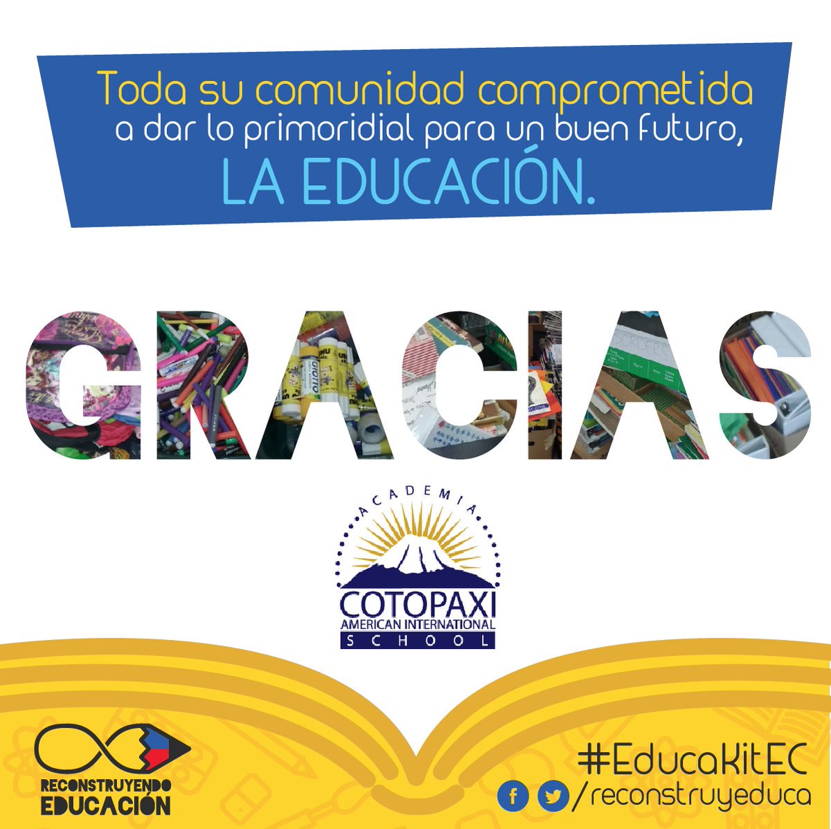 reconstruyeduca's tweet photo. GRACIAS de corazón @acotopaxi por todas la donaciones de #EducaKitEC Sobre todo a @MichelKammoun  por la gestión 📚 💛 https://t.co/mt0PHjZGPN