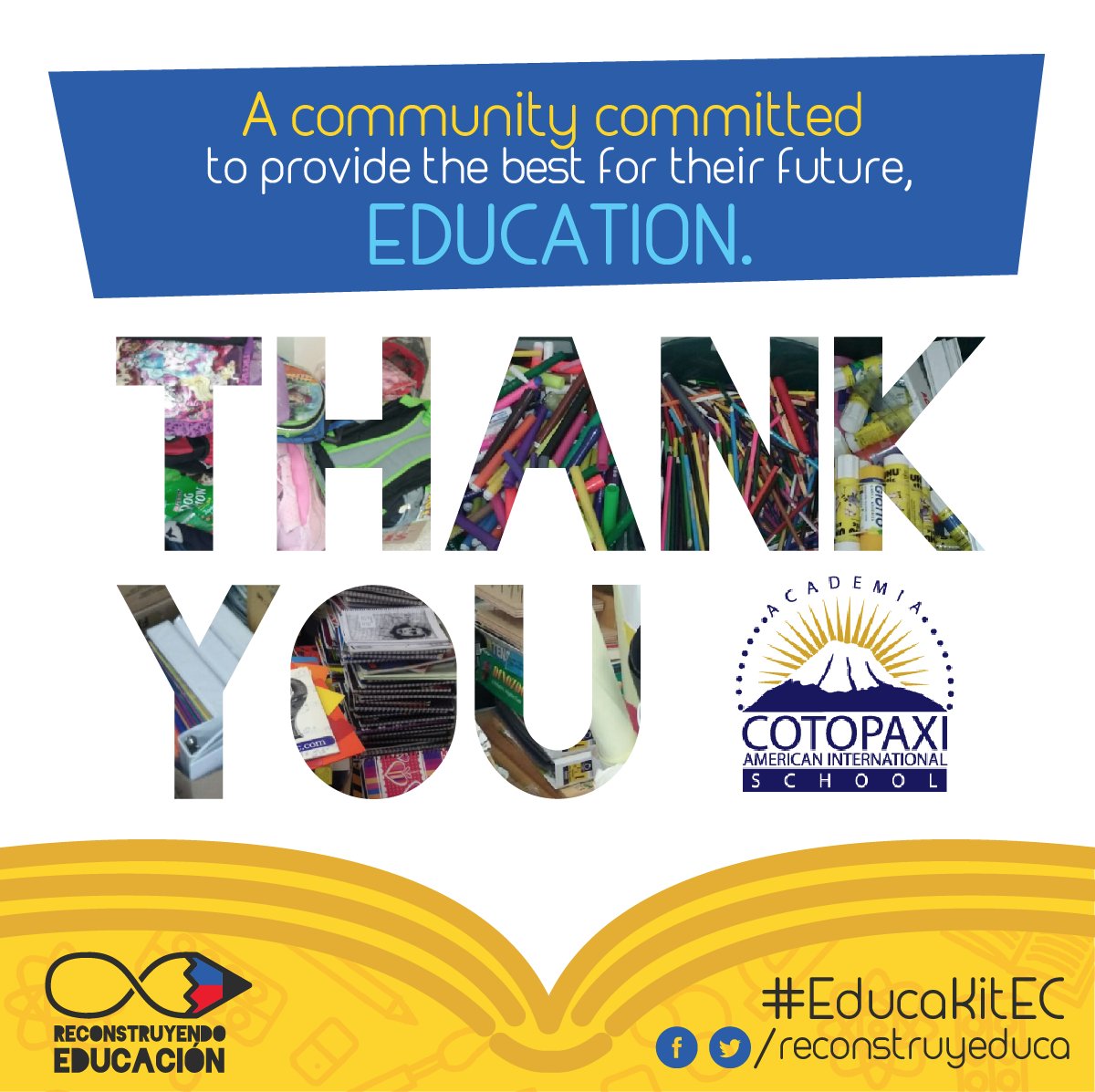 reconstruyeduca's tweet photo. THANK YOU VERY MUCH TO @acotopaxi and @MichelKammoun for all the time and donations to #EducaKitEc 📚 💛 https://t.co/1begoIfhOm