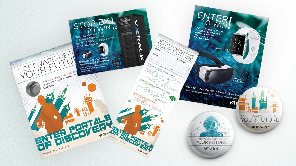 FictionTribe's tweet photo. #tbt The fun retro-futuristic materials we designed for the @VMware booth at #emcworld2016 https://t.co/PBKRaFhe4Y