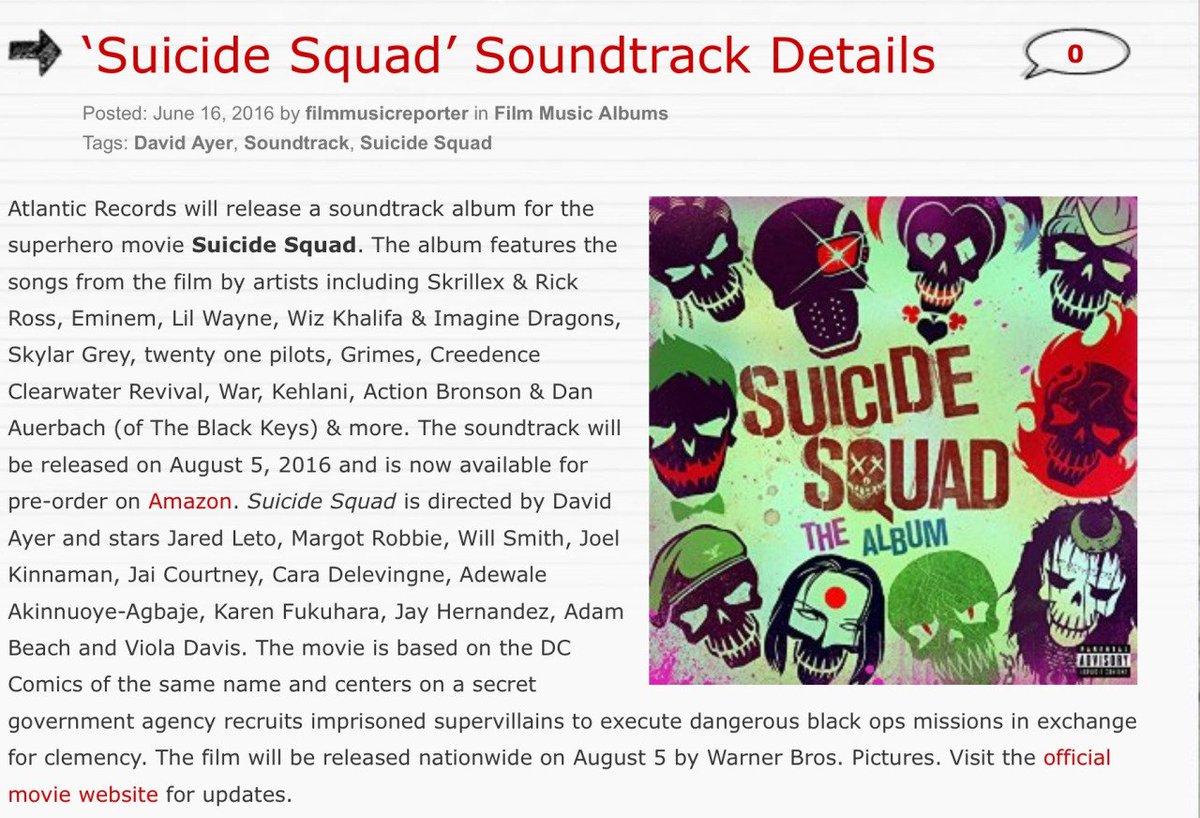 NEWS: Suicide Squad soundtrack track list has been announced.