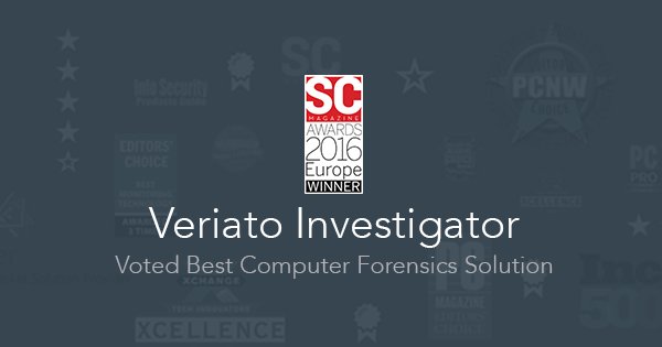 Veriato's tweet photo. Veriato Investigator named Best Computer Forensics Solution - SC Awards Europe 2016 https://t.co/KNWs9SIWW3 #SCMag https://t.co/wSMNVIYoEz