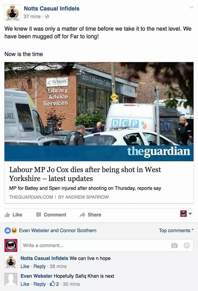 rainysunbeam's tweet photo. @nottspolice, is this not incitement to murder ? #JoCox #Islamophobia #RacismOutOfTheReferendum #Racism #SUTR #UAF https://t.co/2z4UBM7AZP