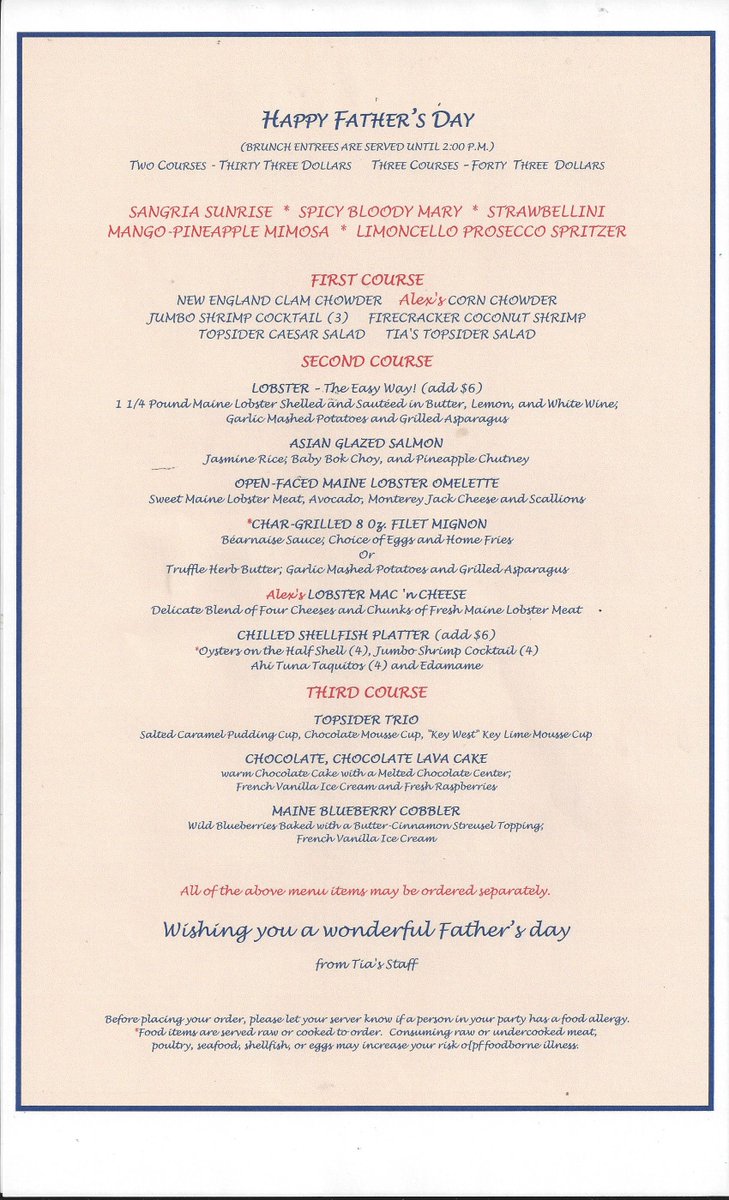 Father's Day Menu in addition to our regular menu! Brunch Items Stop at Two! <a href="/Tias_Topside/">Tia's Topside</a> #HappyHour #DrinkLocal