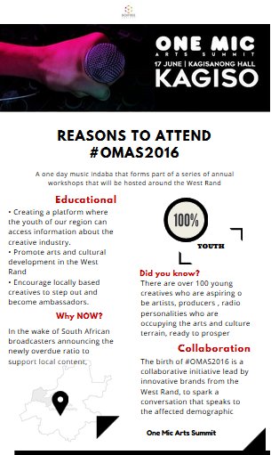 OMASKagiso's tweet photo. All the reasons you need to attend the first music indaba in the West Rand ... #OMAS2016 https://t.co/xUtbqzdr2r