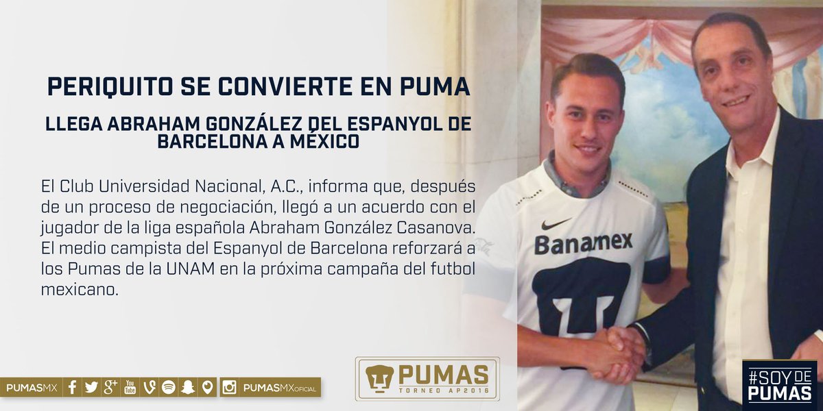 DIARIO RÉCORD on Twitter: "Pumas anuncia la llegada del Abraham González Casanova, quien en el Espanyol Barcelona https://t.co/oTaMOSR4qN" /