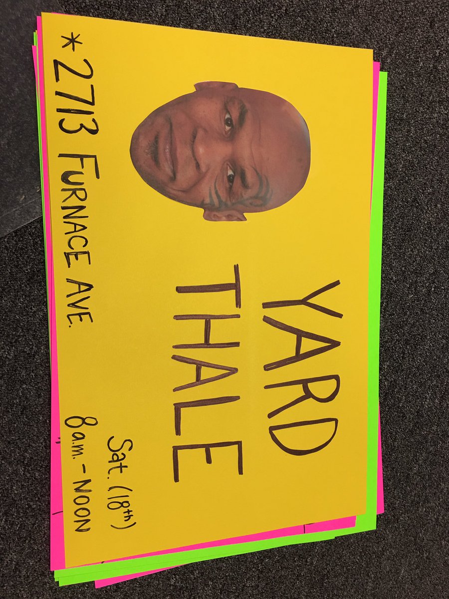 T_Funch's tweet photo. We left my sister in charge of yard sale signs... https://t.co/2fit1KbIyh