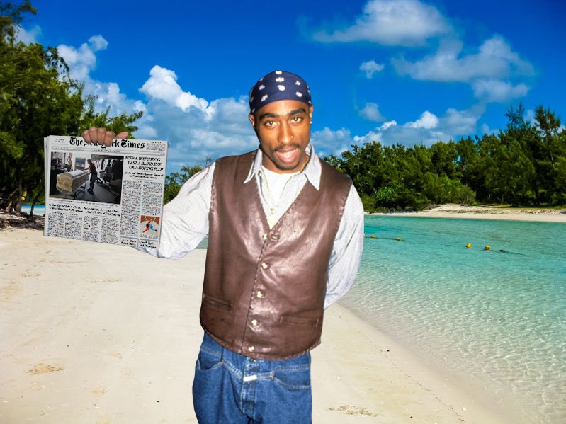 funnyordie's tweet image. Happy birthday, Tupac! Hope you're enjoying today's copy of the NY Times on your secret tropical island. 🌴🎂