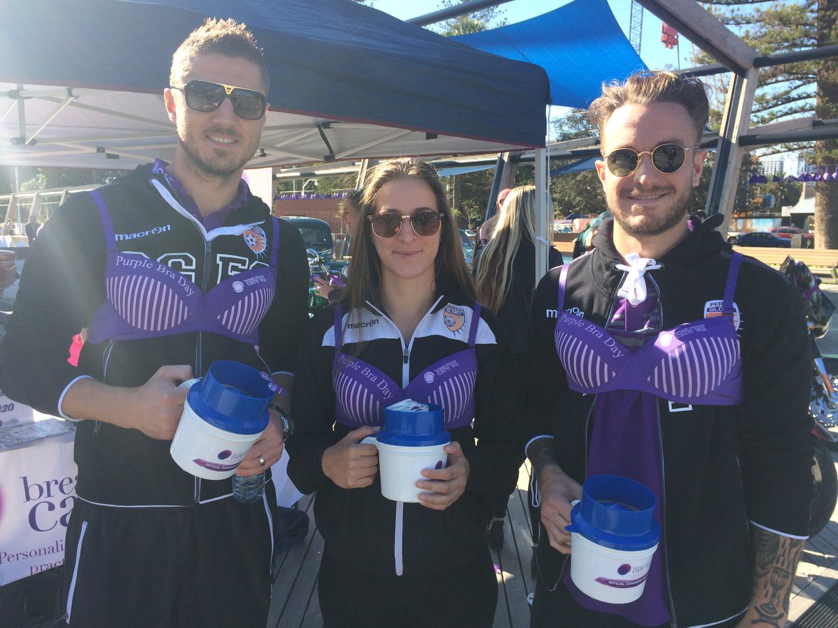 PerthGloryFC's tweet photo. PURPLE BRA DAY | Get down to the #BellTower for @BreastCancer_WA We're raising money 4 a serious cause #GloryIsOurs https://t.co/5crGqB4c97