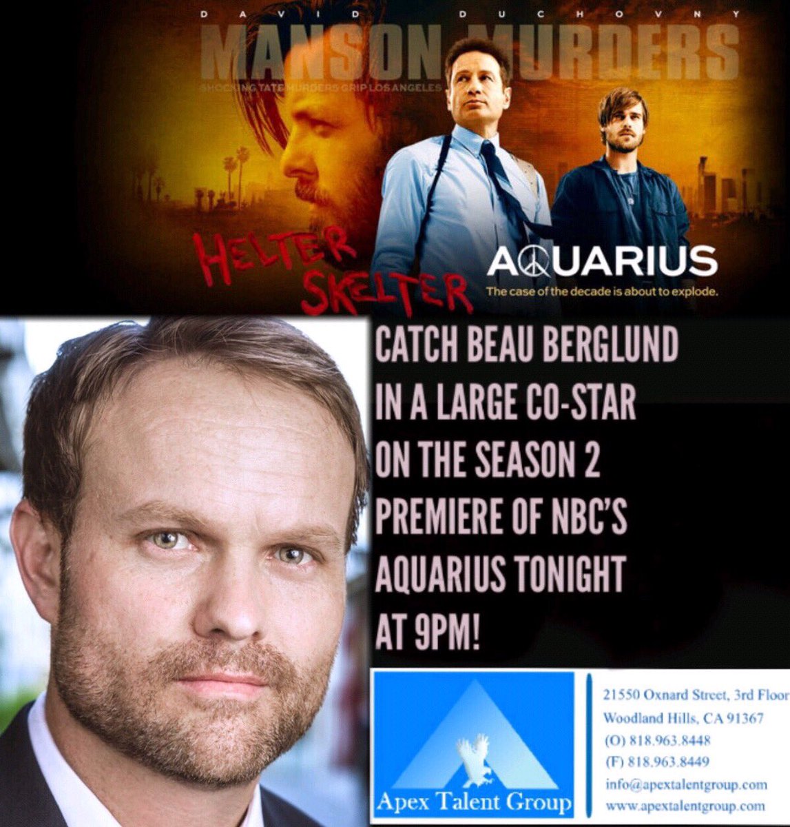 BeauBerglund's tweet photo. Check me out on the season 2 premiere of Aquarius on NBC at 9pm! https://t.co/26tMvAo7Kw