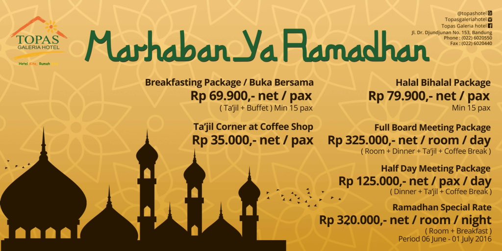 topashotel's tweet photo. Ramadhan tinggal sebentar lagi. Ayo buruan BukBer bersama rekan" di Topas Galeria Hotel, lokasi strategis #bukber https://t.co/wZvlCjWKH1