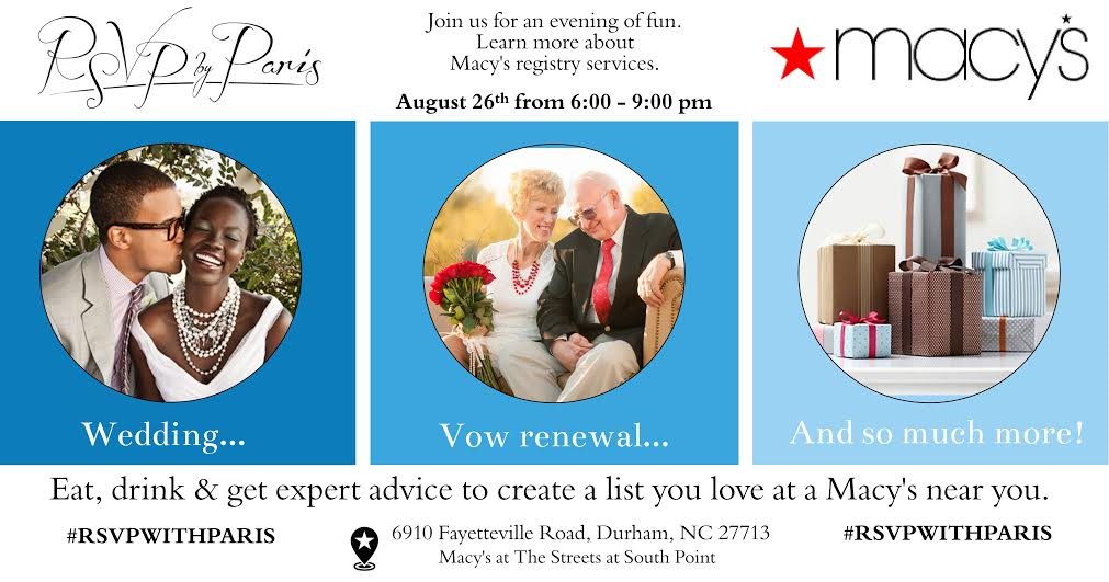 RSVPbyParis's tweet photo. RSVP For Macy's at the Streets at Southpoint Bridal Expo at https://t.co/QepHbut1Yf

#Macys #WeddingRegistry #brides https://t.co/uSUD06lW8J