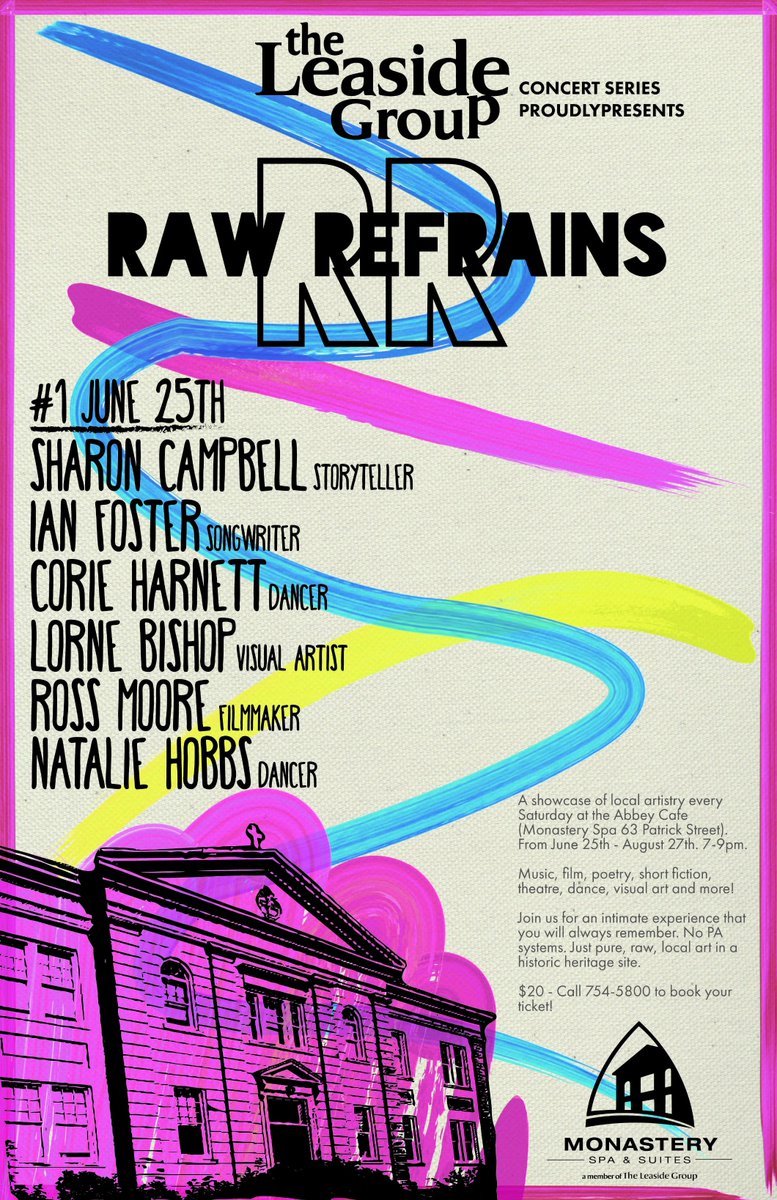 LeasideManor's tweet photo. Leaside Group &amp; Raw Refrains have partnered to showcase NL art at its finest June 25, 7pm https://t.co/jmnIp2OIdJ https://t.co/0XJ7ougsgZ