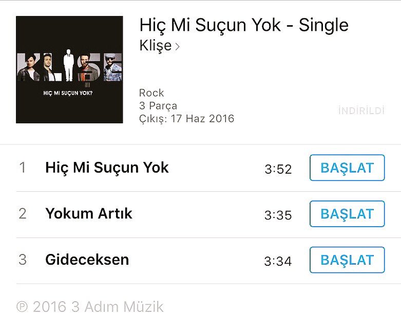 iTunes için " KLİŞE " vakti!
#Klişe #iTunes #HiçmiSuçunYok #YokumArtık #Gideceksen #3Adım