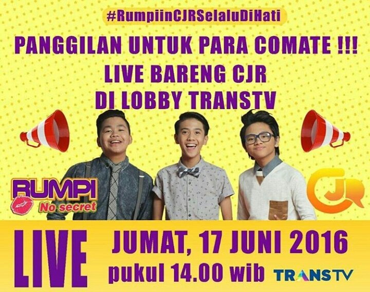 Jangan lupa HARI INI <a href="/CJRisCJR/">CJR</a> LIVE <a href="/rumpi_ttv/">Rumpi (No Secret!)</a> <a href="/TRANSTV_CORP/">TRANS TV</a> jam 2 siang. HTnya #RumpiinCJRSelaluDiHati 
STAYTUNE! 😊