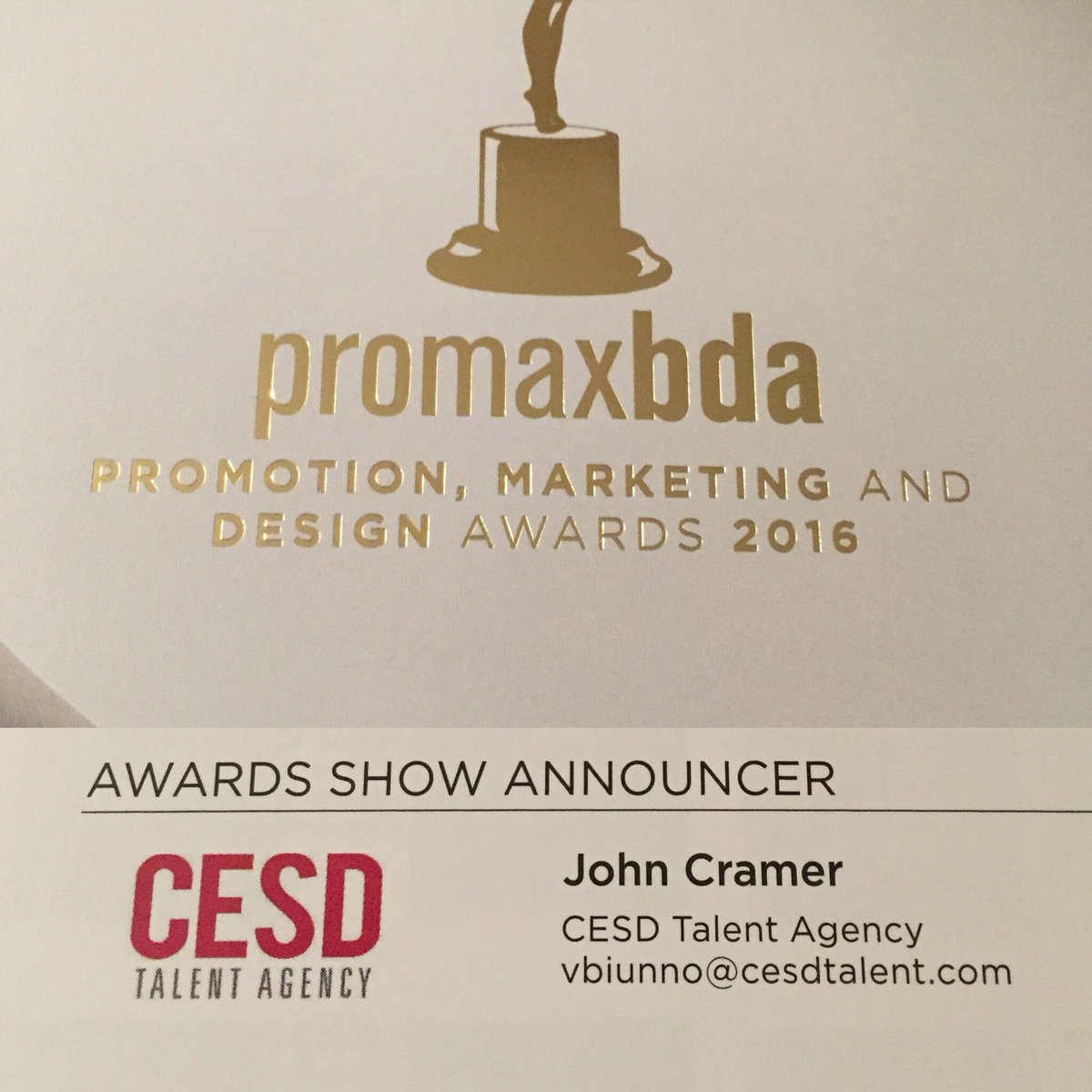 VinnieBiunno's tweet photo. Congratulations to #cesdtalent #johncramer on announcing the #promaxbda2016 awards show! @CESDTalent @PromaxBDA https://t.co/2TzECbhryF