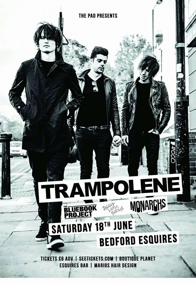 Great gig tmrw nite <a href="/BedfordEsquires/">Bedford Esquires</a> with <a href="/Trampolene_Band/">TRAMPOLENE</a> supporting are <a href="/bluebookproject/">Project Blue Book</a> <a href="/JaggedThrills/">JaggedLittleThrills</a> #Monarchs