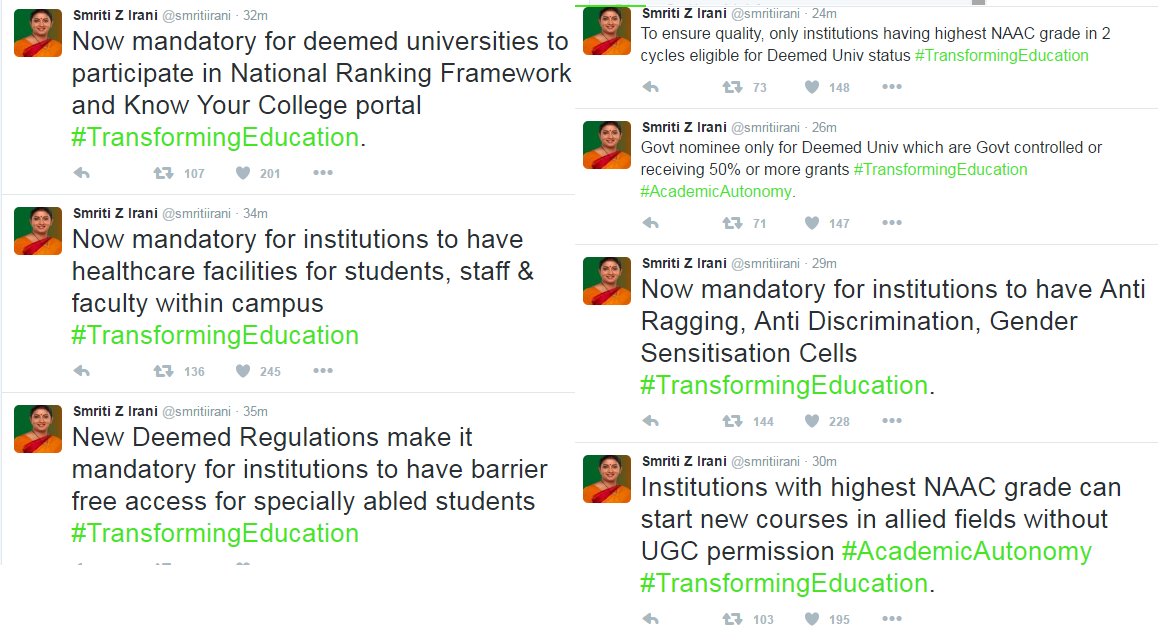 .@smritiirani tweets on #DeemedUniversity norms
