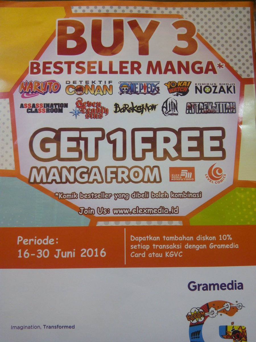 Gramedia_PIM's tweet photo. promo ELEX &amp; LEVEL COMICS,BUY 3 GET 1 FREE MANGA FROM ELEX &amp; LEVEL COMICS https://t.co/P3ftqWh024